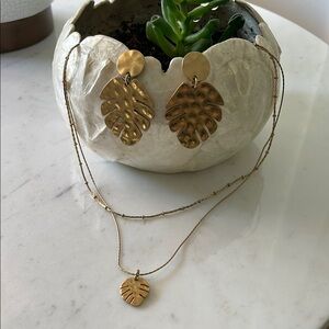 J CREW Gold Leaf Pendant Necklace and Earring Set